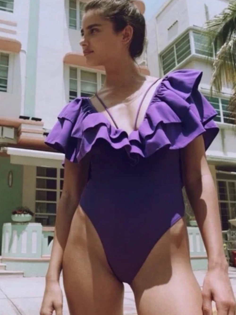 Zara Purple Frill One Piece Plunge Swimsuit Body Suit Swimming Costume S NWT